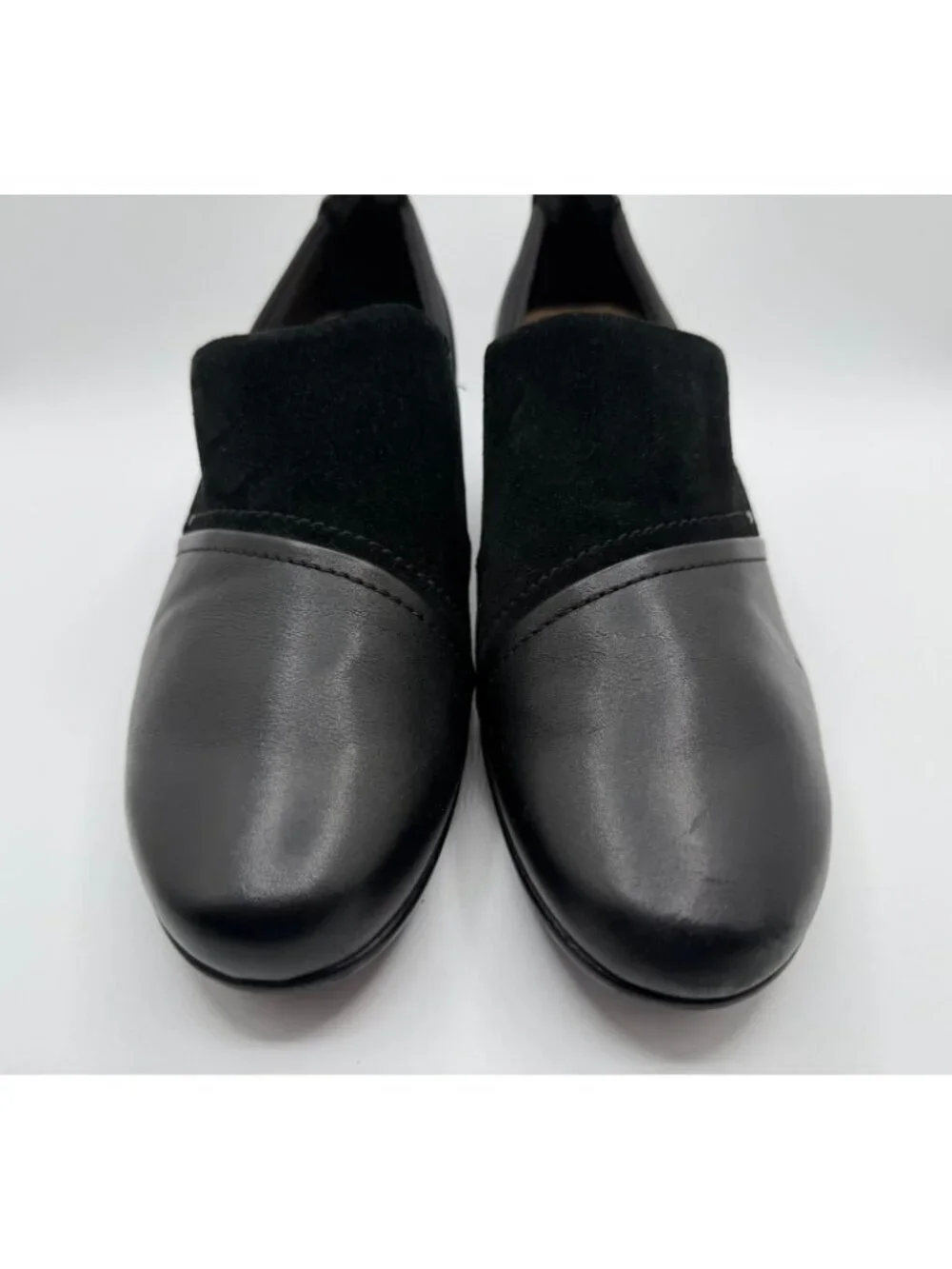 Clarks Emily Step Heel Loafers Women's Size 10M Black Leather/Suede Work Shoes